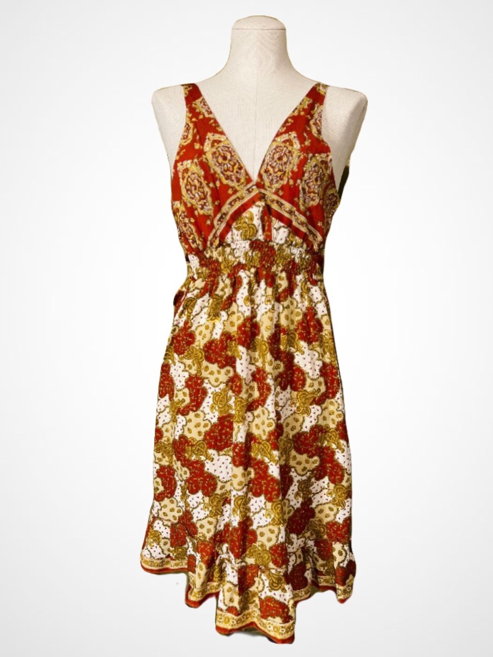 V-Neck Bohemian Midi Dress in Rust red, gold and cream.
